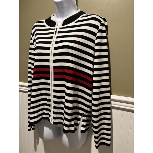 Misook Zipper Front BLACK RED WHITE STRIPE Cardigan M - Picture 5 of 7